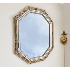 Vintage Boho Hollywood Regency Octagon Brass Etched Mcm Mirror 33"x25" Wall 80's